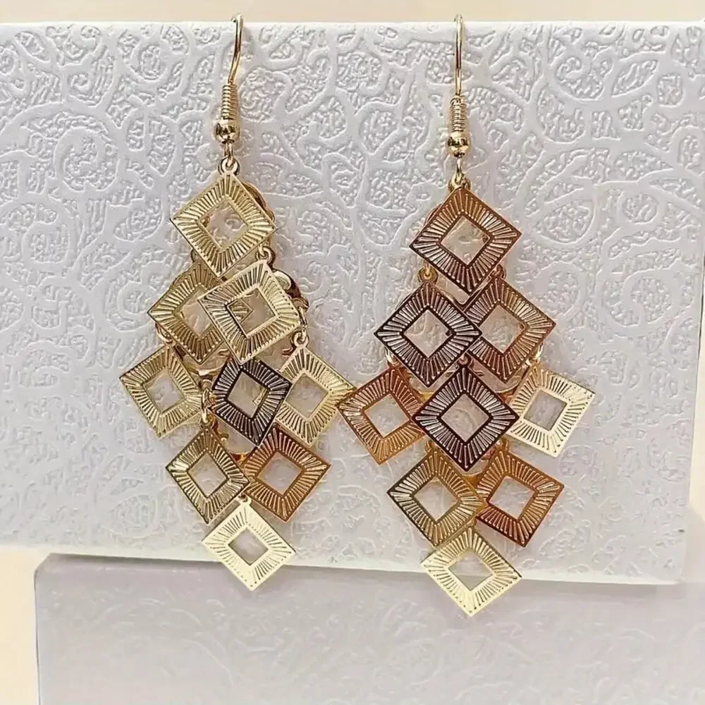 NEW Gold Dangle Earrings – Boho Chic Square Tassel with Hollow Out Design